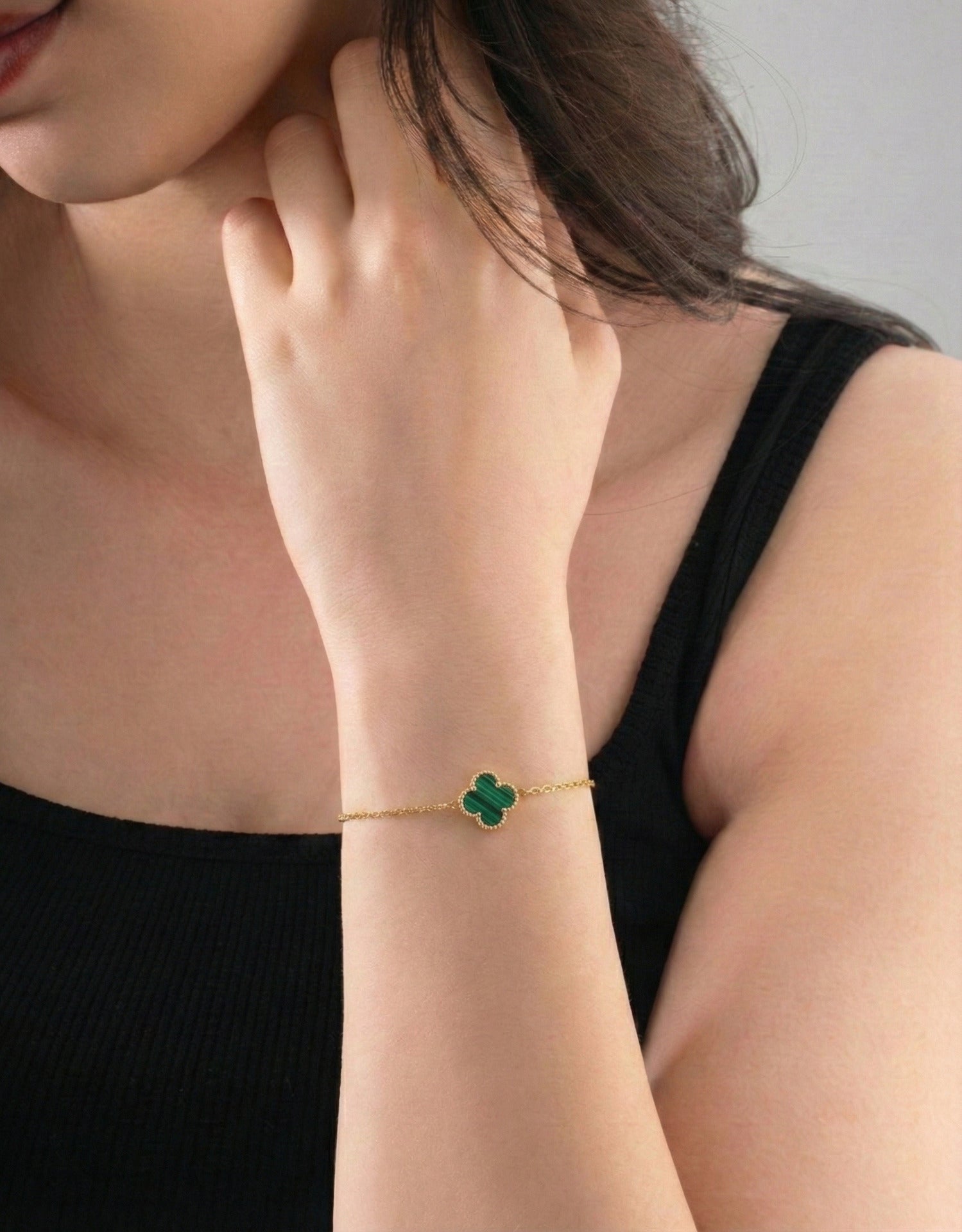 Black Onyx Single Clover Bracelet Gold Plated Silver