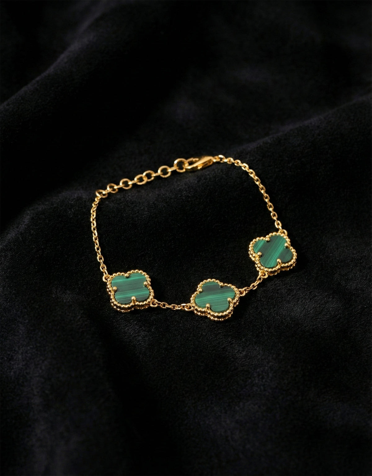 Gold Triple Green Malachite Clover Bracelet in 925 sterling silver