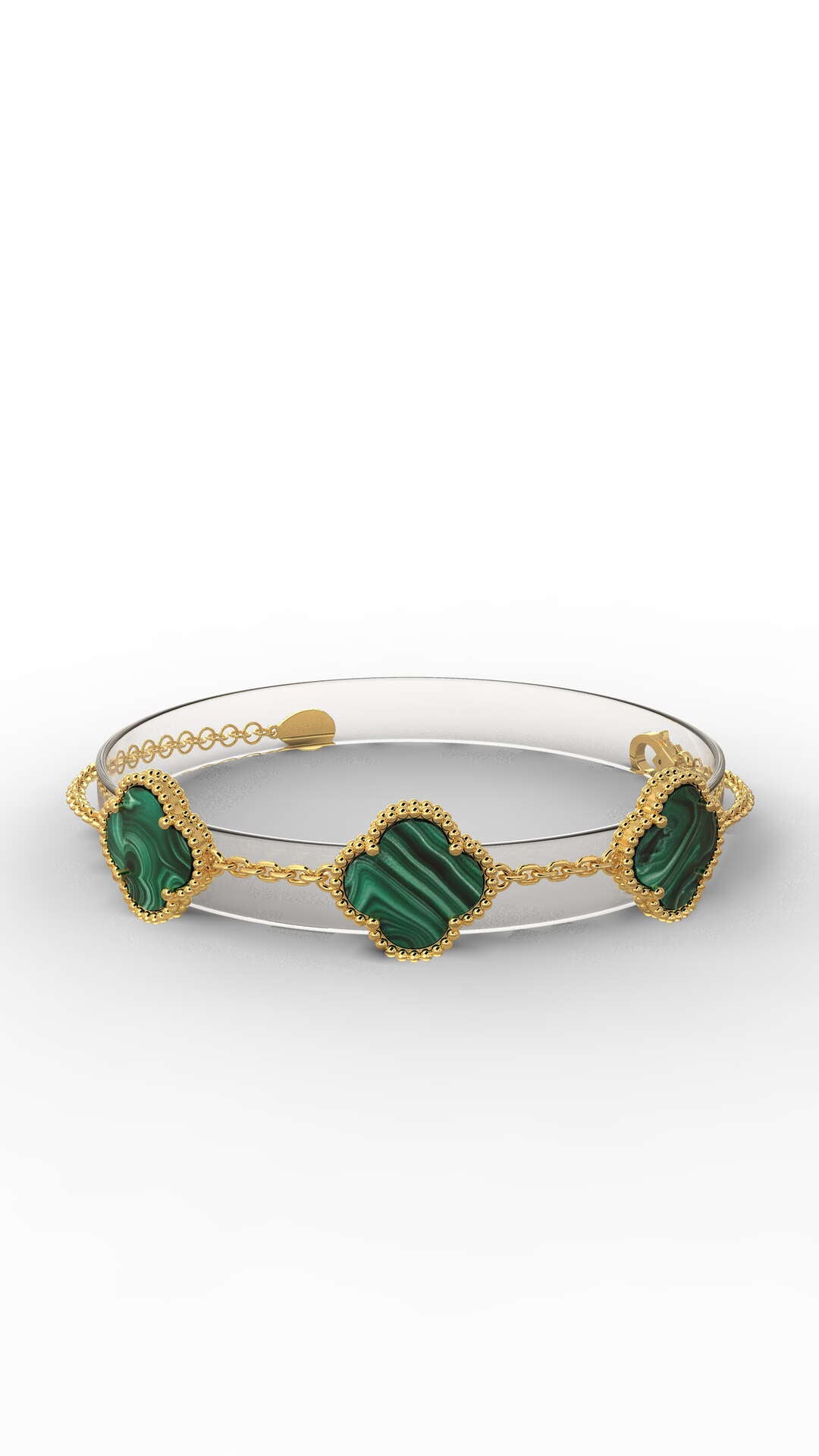 Gold Triple Green Malachite Clover Bracelet in 925 sterling silver - view 5