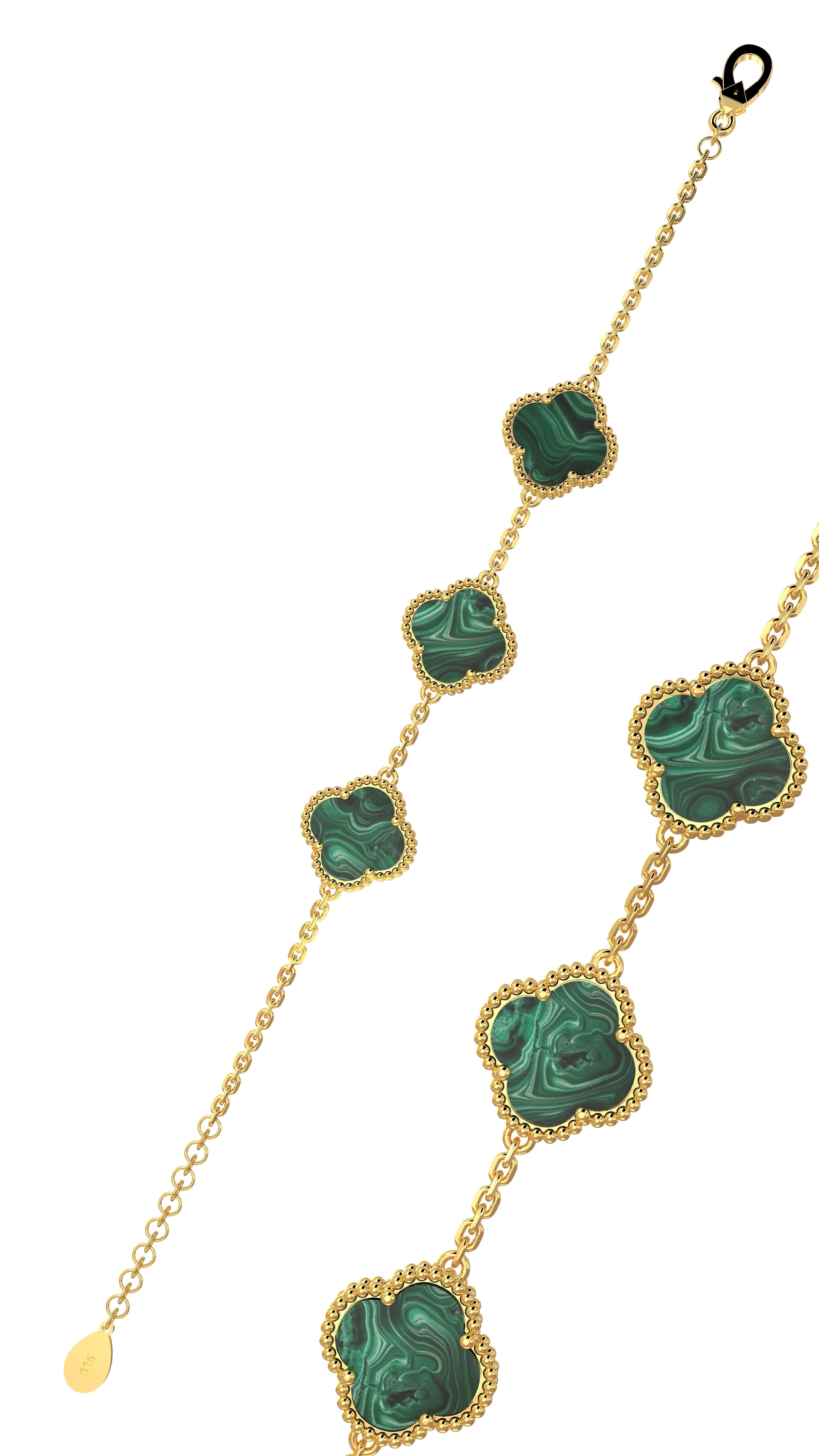 925 Ayar Yeşil Kaplangözü Taşlı Gold Van Cleef Üçlü Yonca Gümüş Bileklik
