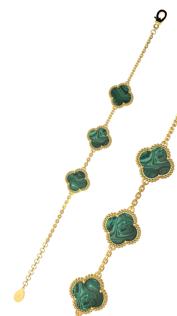 925 Ayar Yeşil Kaplangözü Taşlı Gold Van Cleef Üçlü Yonca Gümüş Bileklik