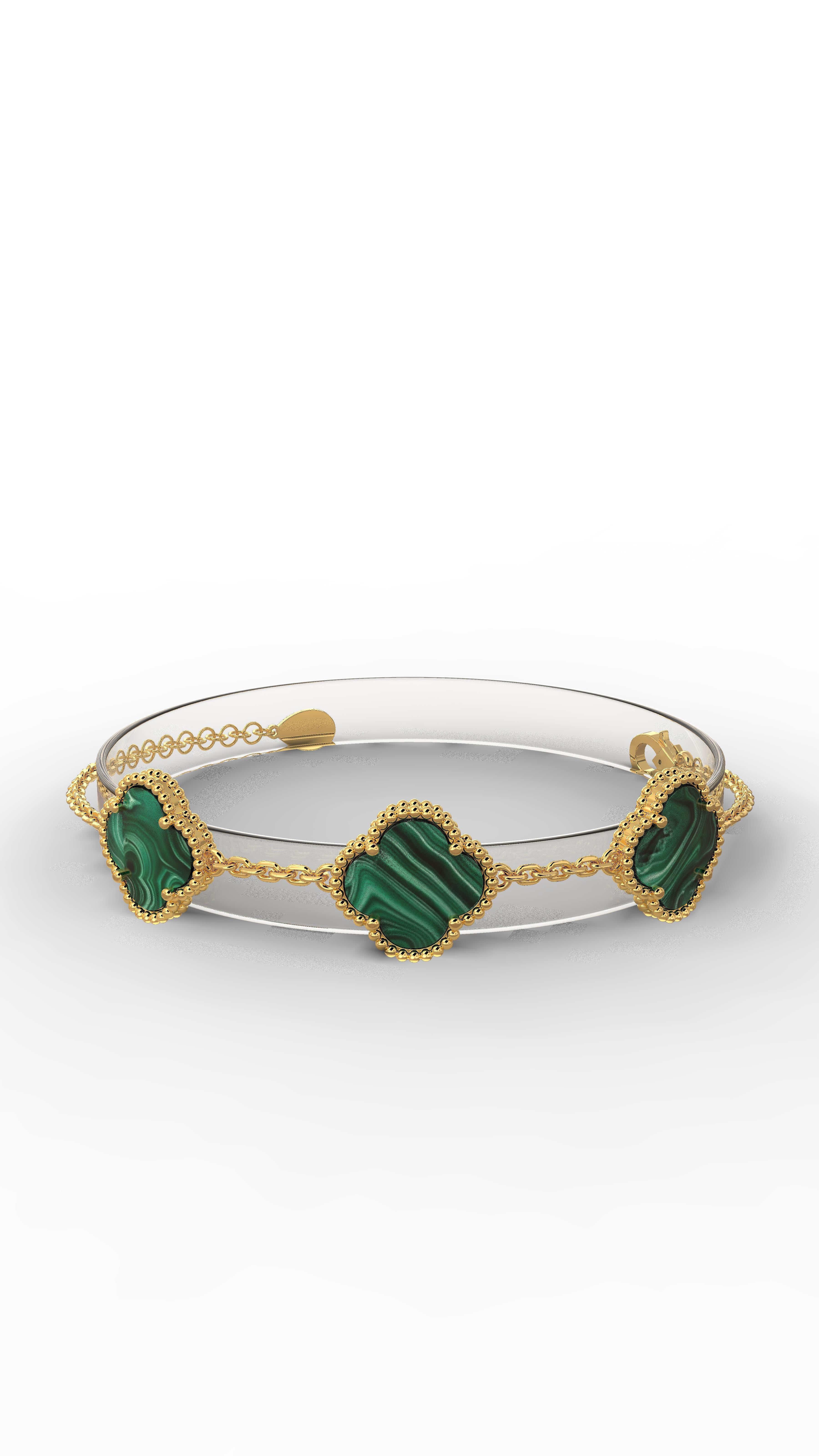 Green Tiger's Eye Four-Leaf Clover Trio Clover Bracelet Gold Plated Silver