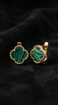 Gold Green Malachite Clover Leverback Earrings | 925 Silver