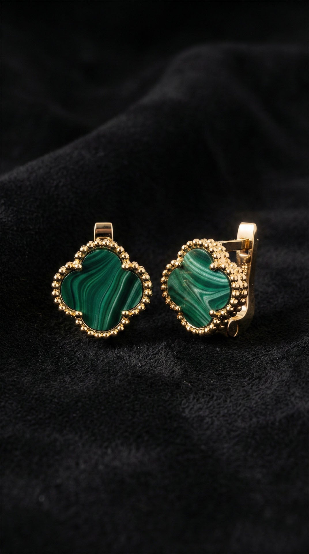 Gold Green Malachite Clover Leverback Earrings in 925 sterling silver