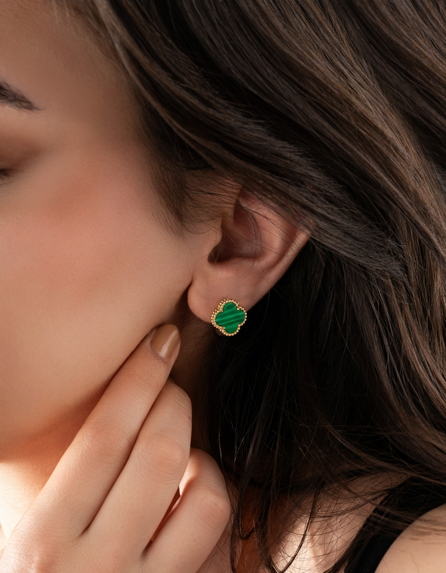 Gold Green Malachite Clover Leverback Earrings | 925 Silver