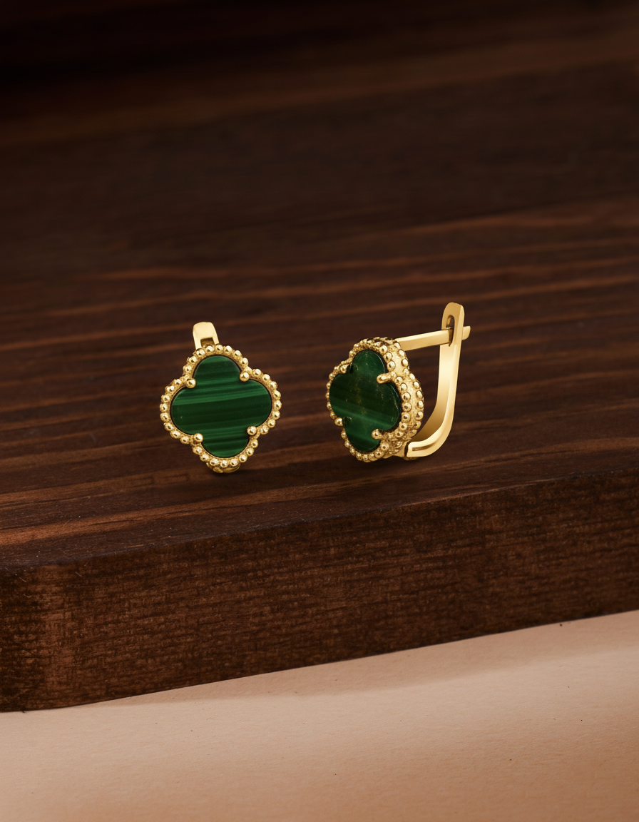 Gold Green Malachite Clover Leverback Earrings | 925 Silver