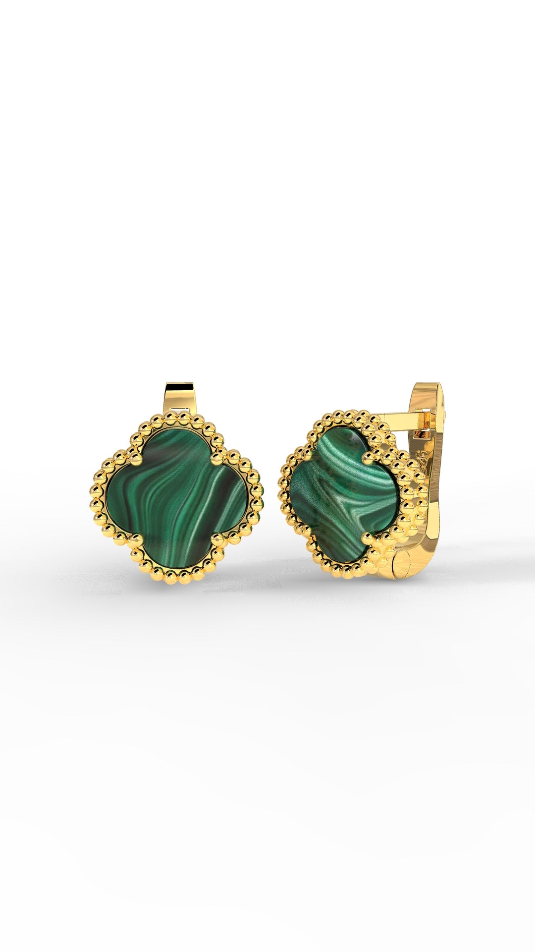 Gold Green Malachite Clover Leverback Earrings | 925 Silver