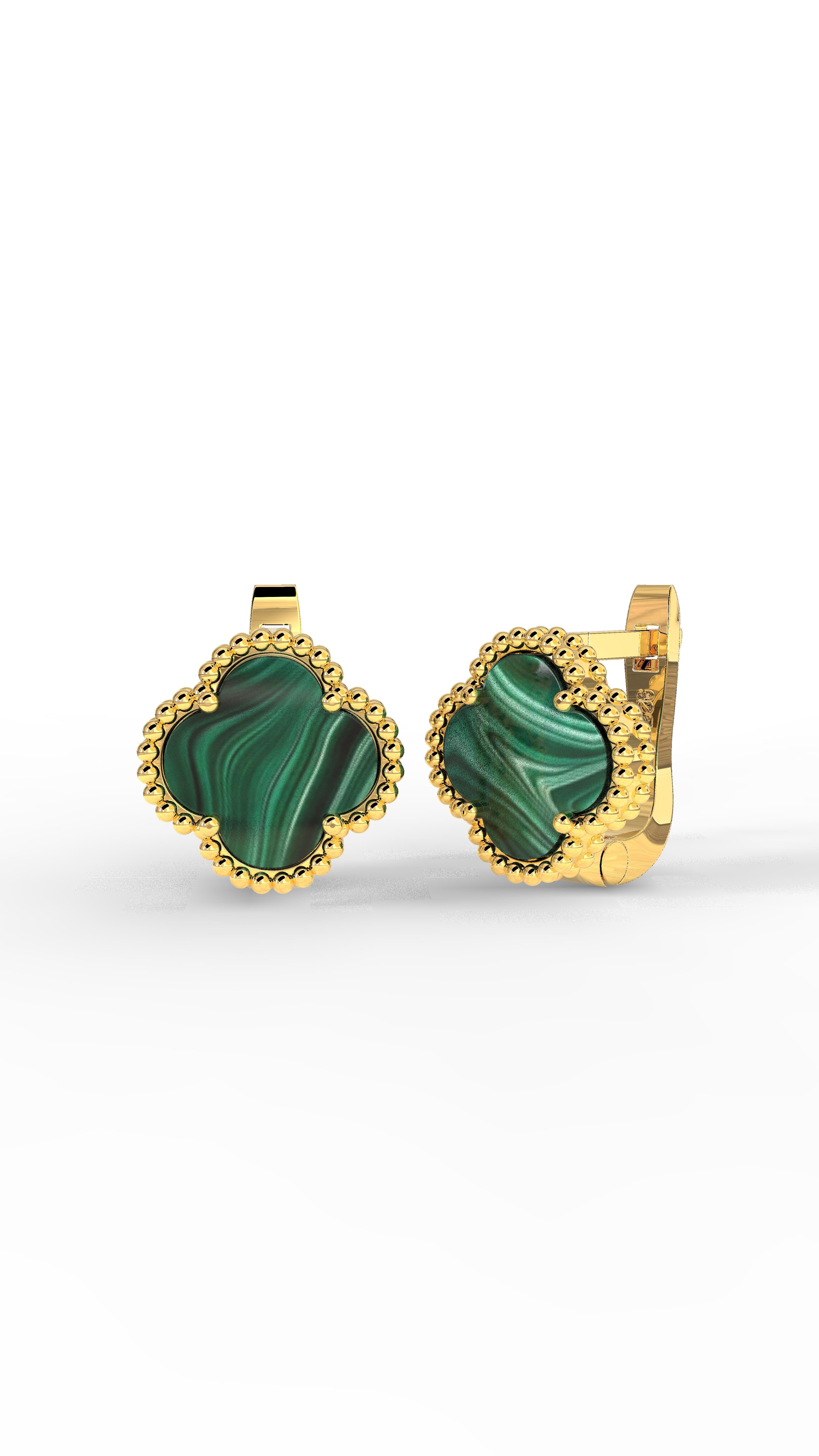 925 Sterling Silver Gold Van Cleef Clover Earrings with Green Tiger's Eye Stone