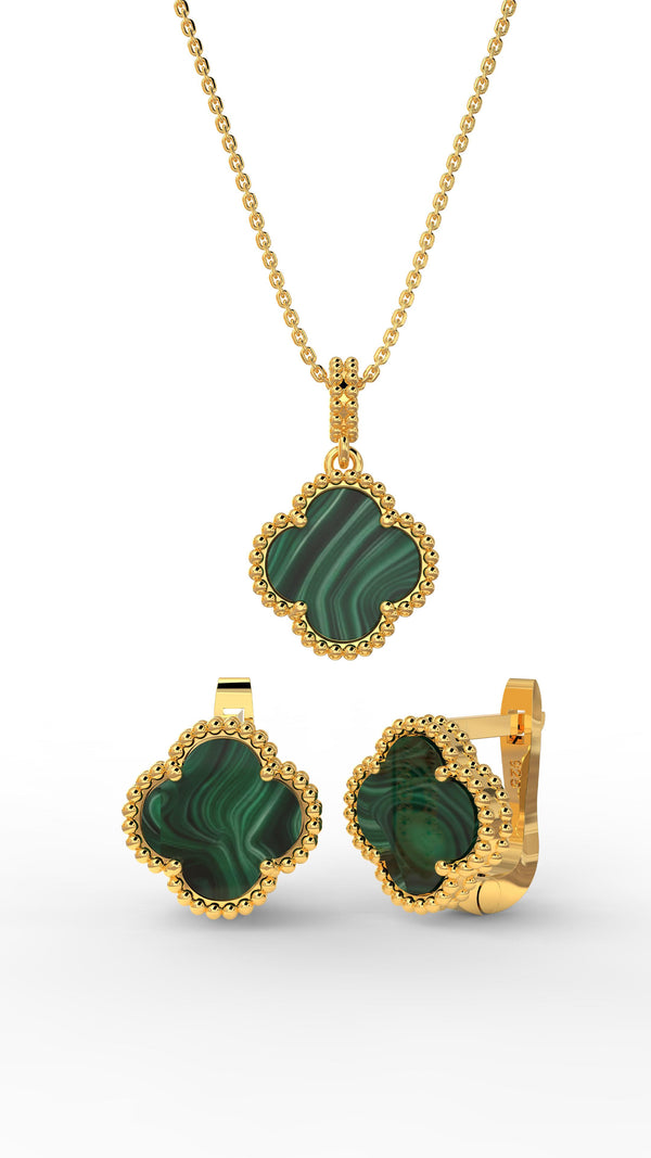 925 Sterling Silver Gold Van Cleef Clover Necklace Earrings with Green Tiger's Eye Stone 2-Piece Set