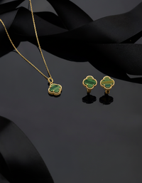 925 Sterling Silver Gold Clover Necklace and Earrings 2-Piece Set with Green Tiger's Eye Stone
