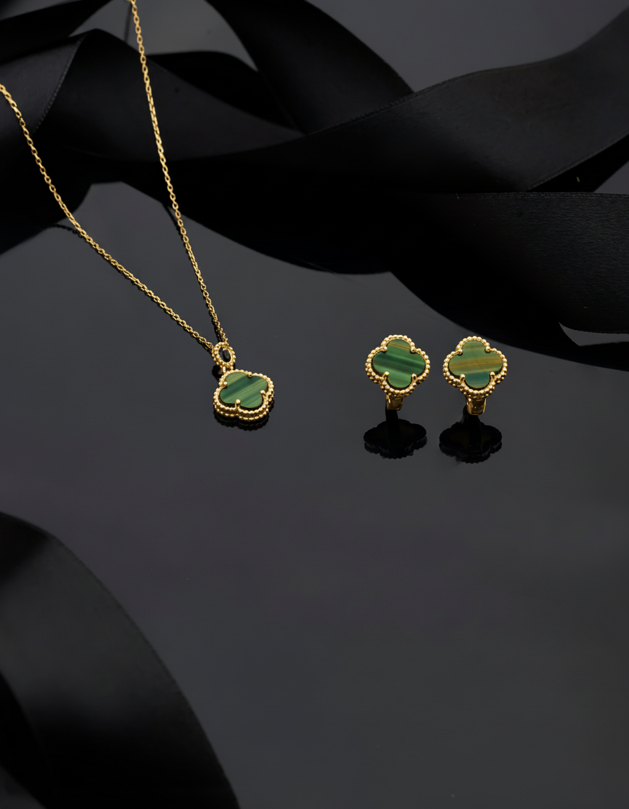 925 Sterling Silver Gold Clover Necklace and Earrings 2-Piece Set with Green Tiger's Eye Stone