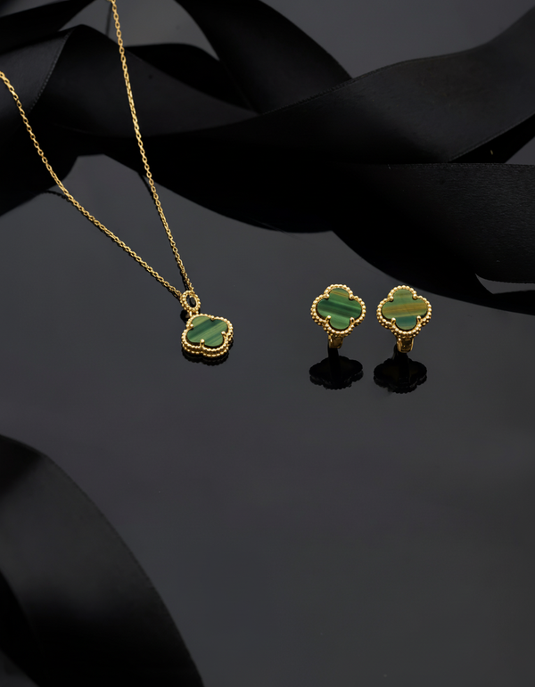 925 Sterling Silver Gold Clover Necklace and Earrings 2-Piece Set with Green Tiger's Eye Stone