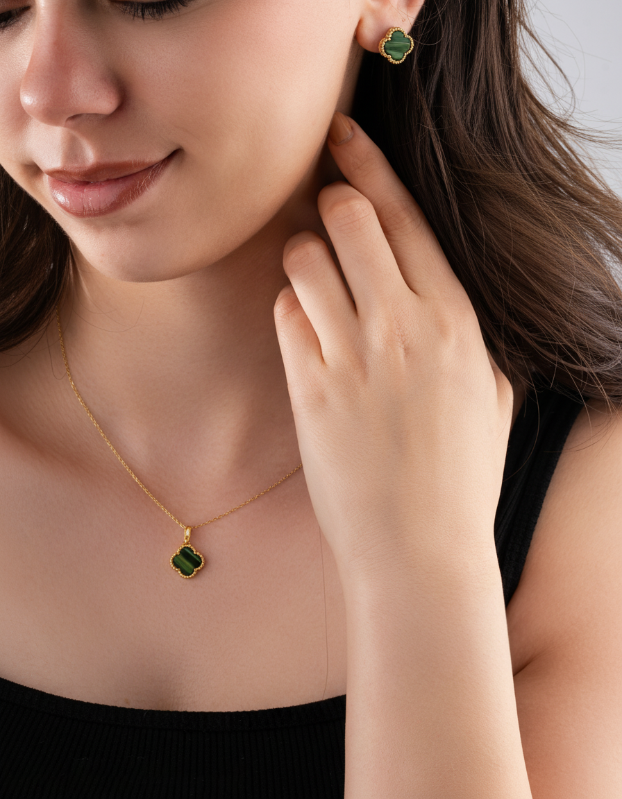 Green Tiger's Eye Clover Set Gold Plated Silver
