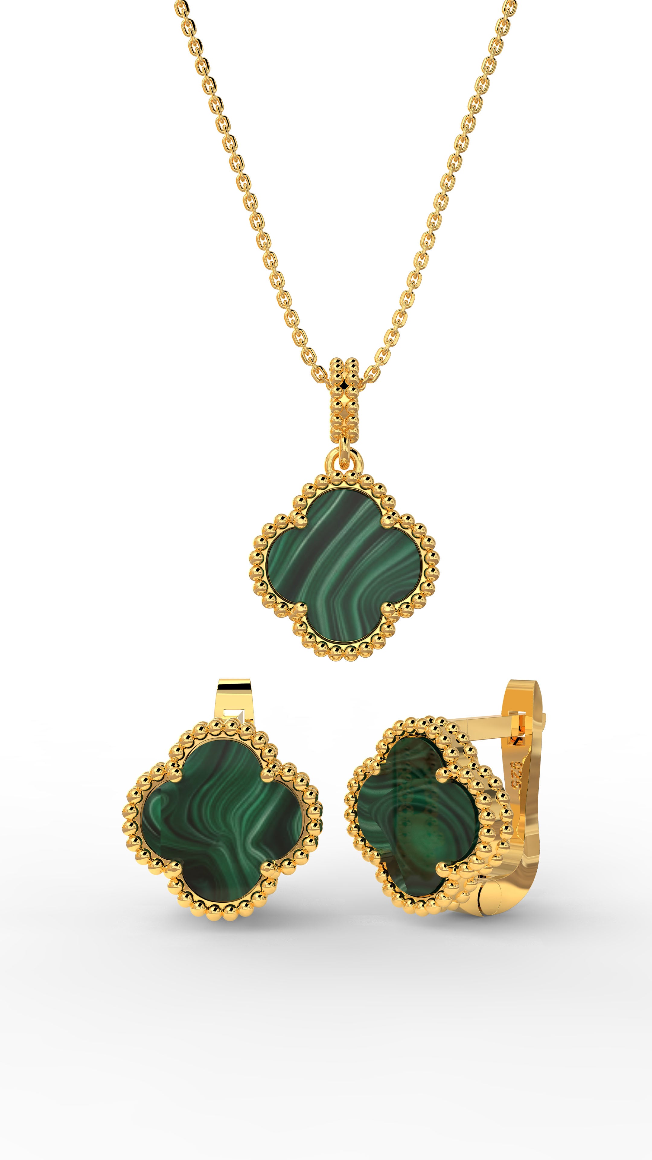 Green Tiger's Eye Clover Set Gold Plated Silver