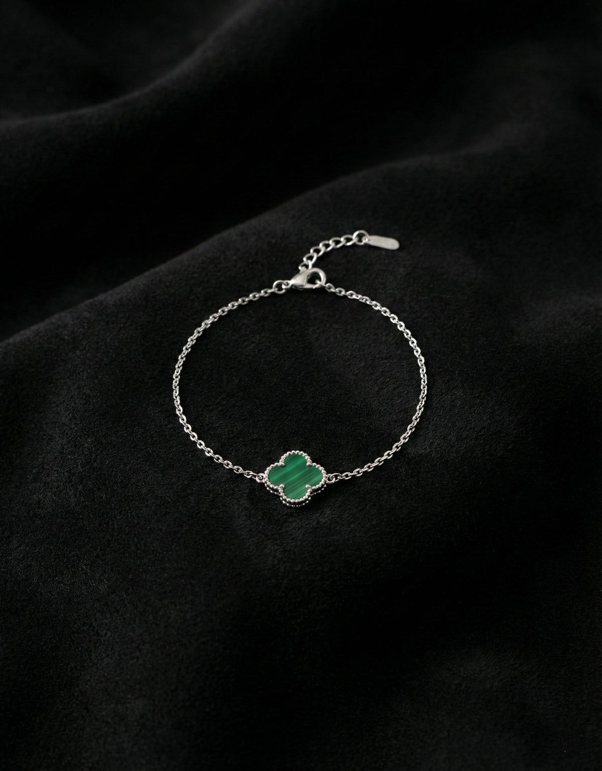 Rhodium Green Malachite Single Clover Bracelet in 925 sterling silver