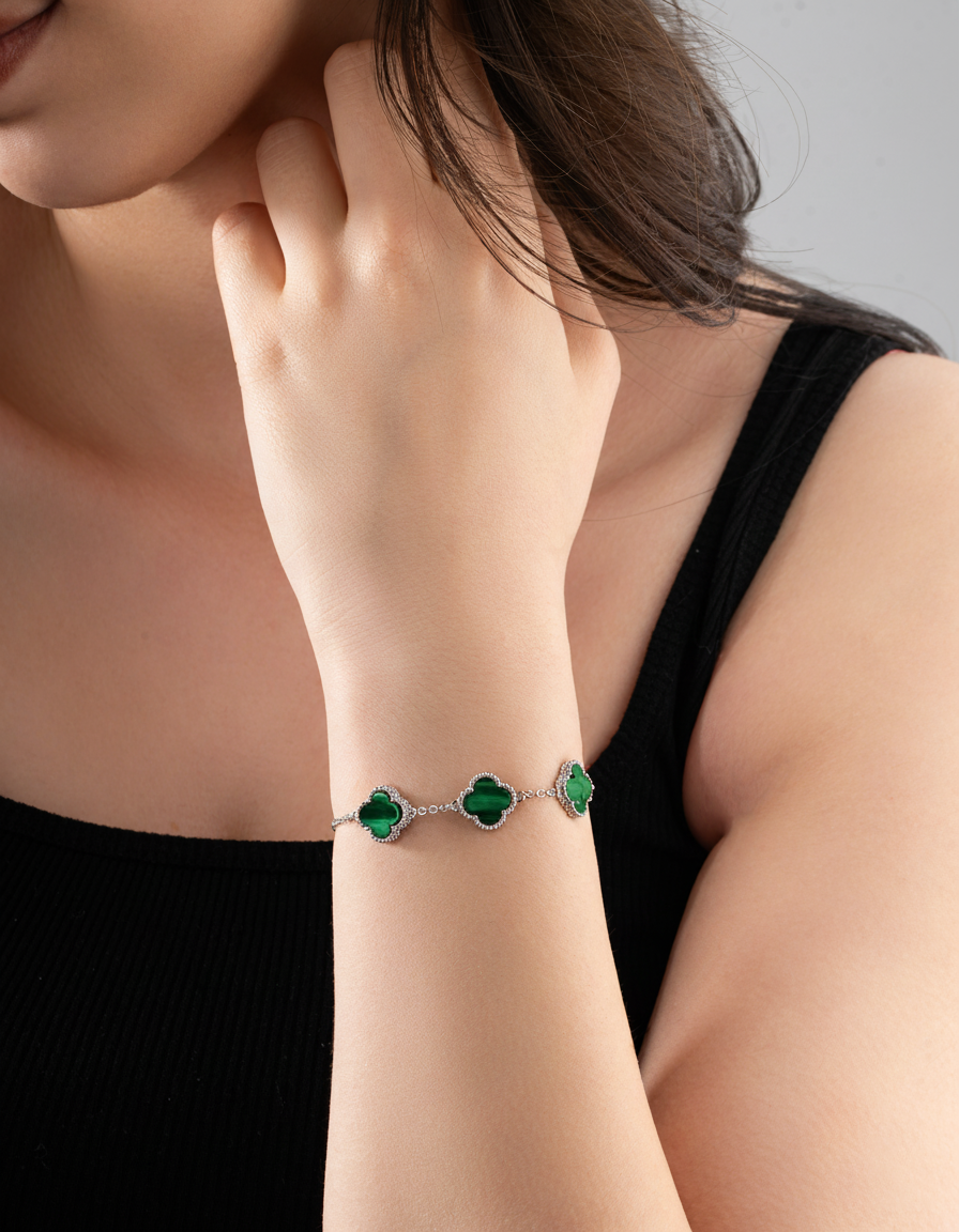 Green Tiger's Eye Trio Clover Bracelet Rhodium Plated Silver
