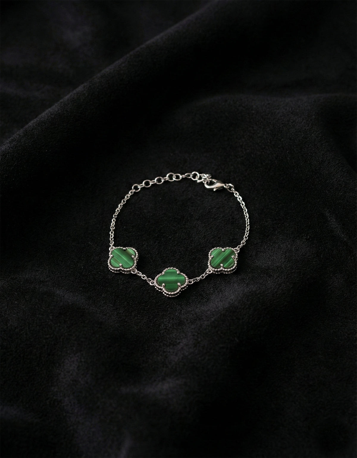 Rhodium Green Tiger Eye Triple Clover Bracelet in 925 sterling silver