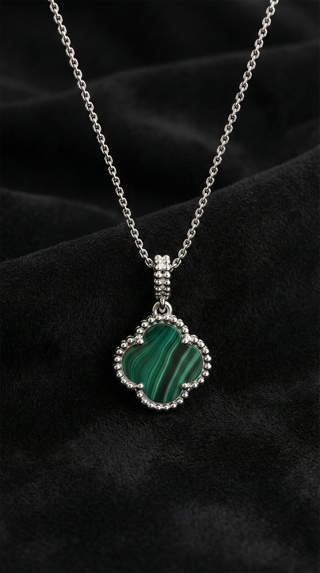 Rhodium Green Malachite Clover Pendant Necklace in 925 sterling silver