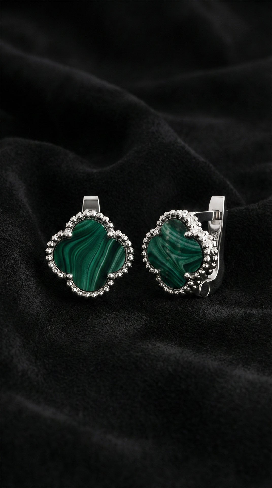 Green Malachite Clover Leverback Earrings in 925 sterling silver