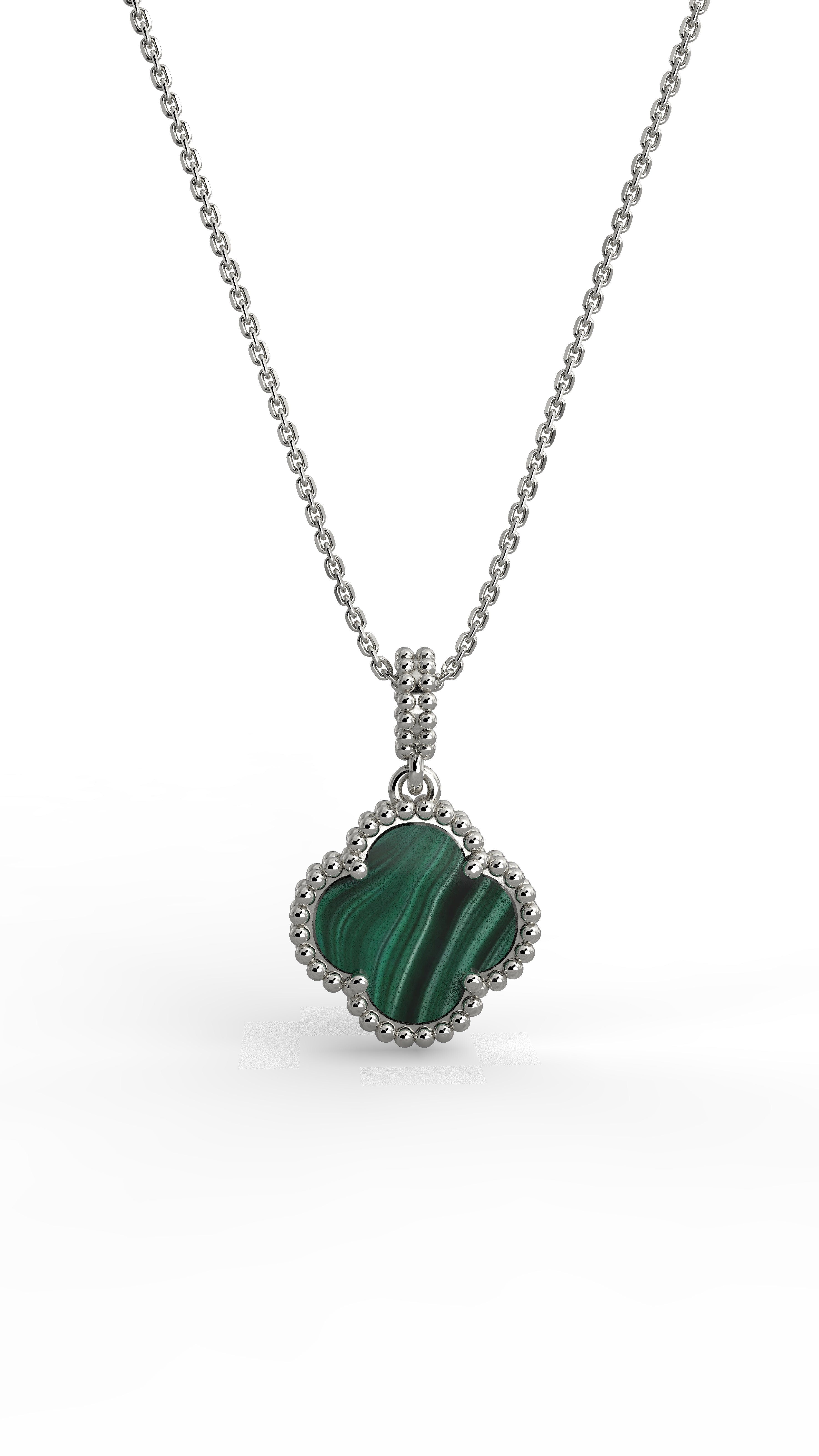 Green Tiger's Eye Clover Necklace Rhodium Plated Silver