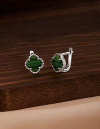 925 Sterling Silver Green Tiger's Eye Rhodium Clover Silver Earrings