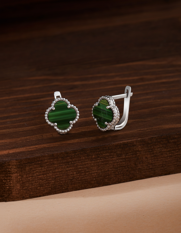 925 Sterling Silver Green Tiger's Eye Rhodium Clover Silver Earrings
