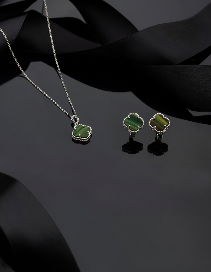 925 Sterling Silver Rhodium-Plated Clover Necklace and Earrings Set with Green Tiger's Eye Stone