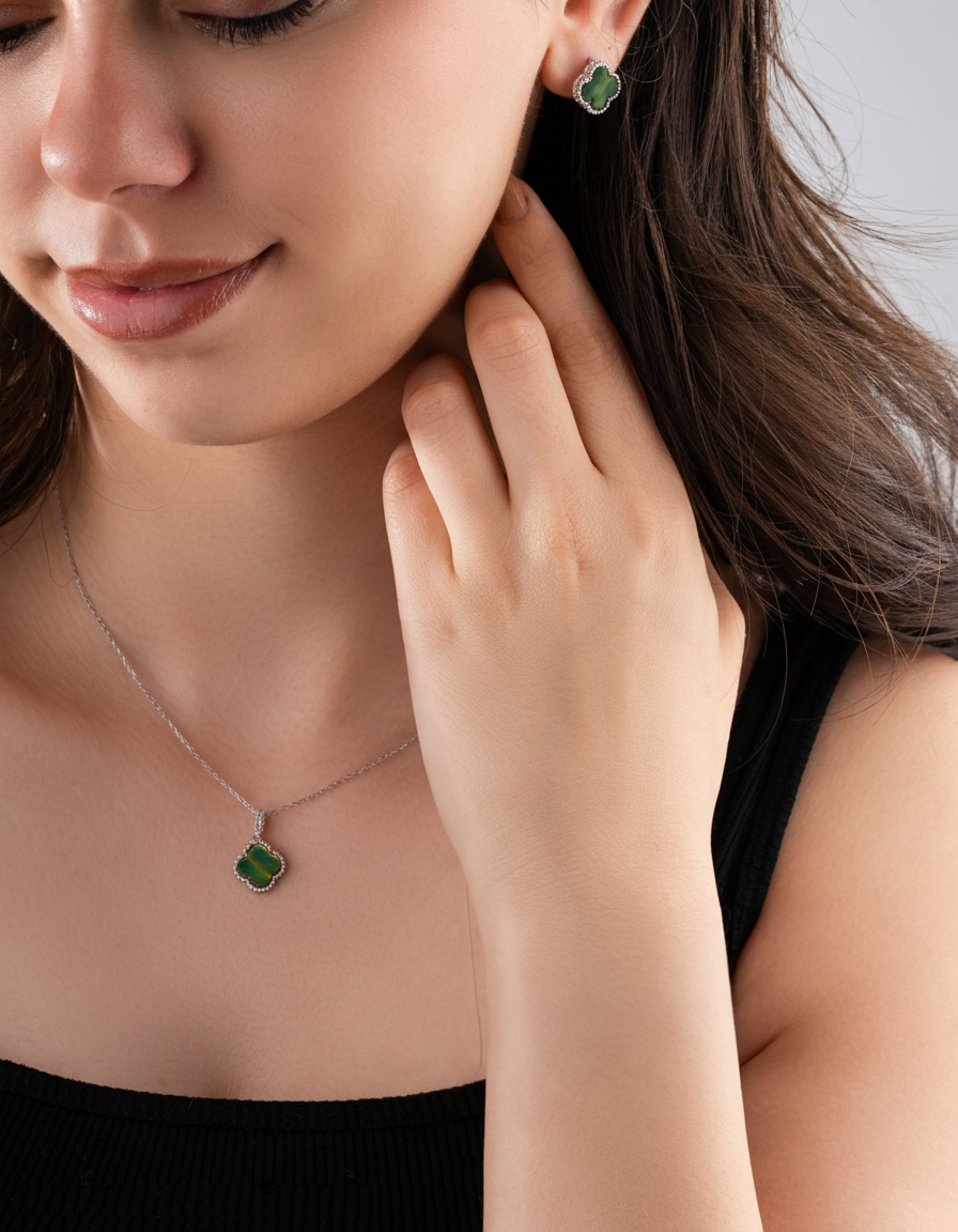 Green Tiger's Eye Clover Set Rhodium Plated Silver
