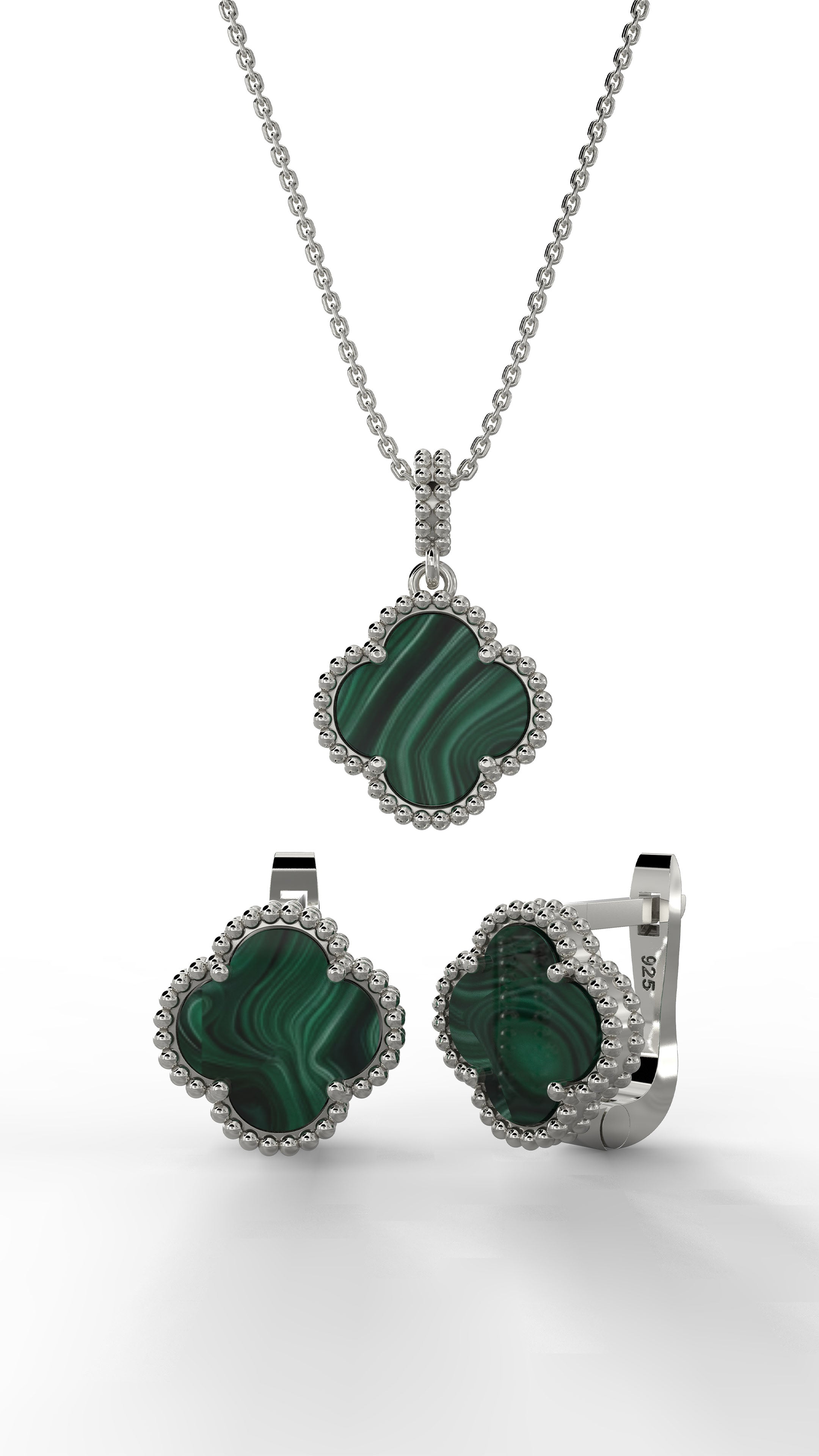 Green Tiger's Eye Clover Set Rhodium Plated Silver