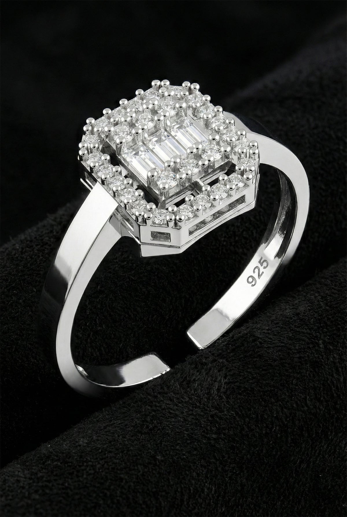 Rhodium 3-Row Baguette Zircon Adjustable Ring in 925 sterling silver