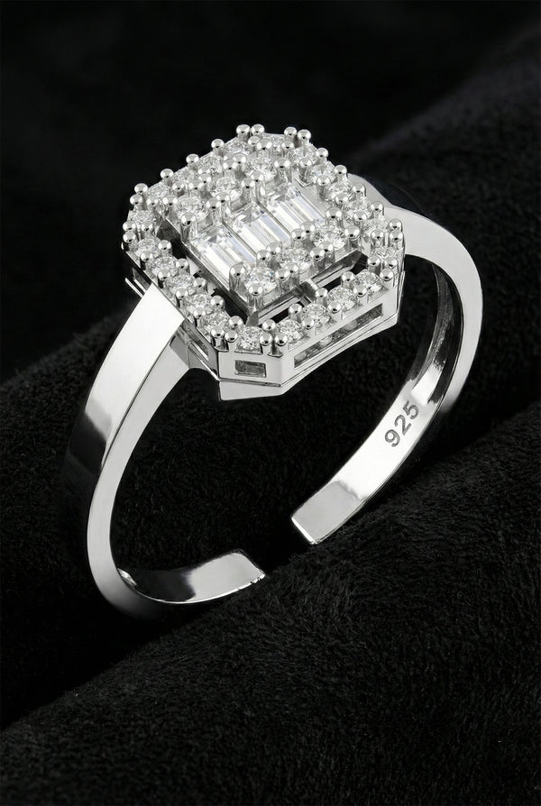 Rhodium 3-Row Baguette Zircon Adjustable Ring | 925 Silver