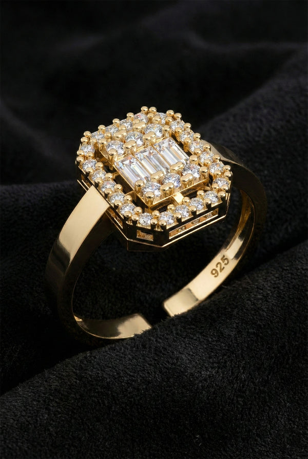 925 Sterling Silver Gold Plated 3 Row Adjustable Baguette Ring with Zircon Stones
