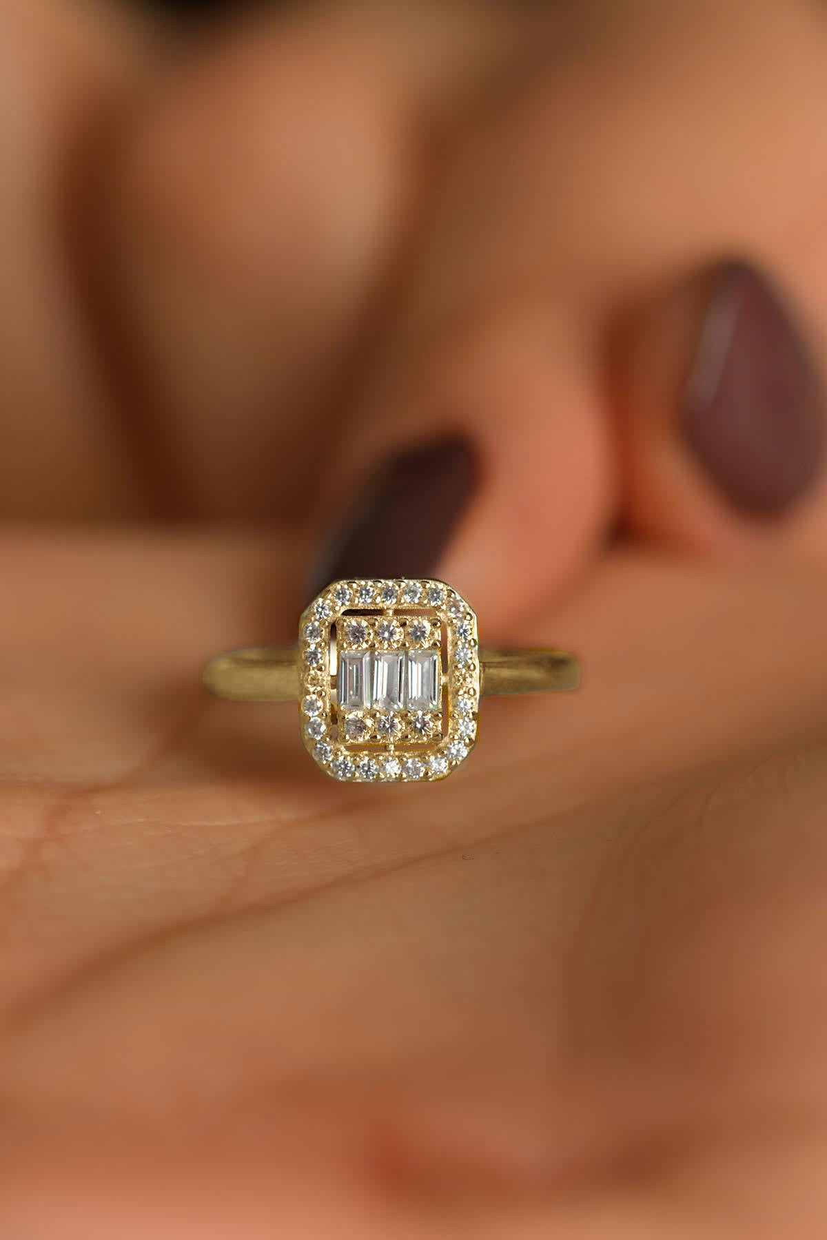 CZ Row Baguette Ring Gold Plated Silver