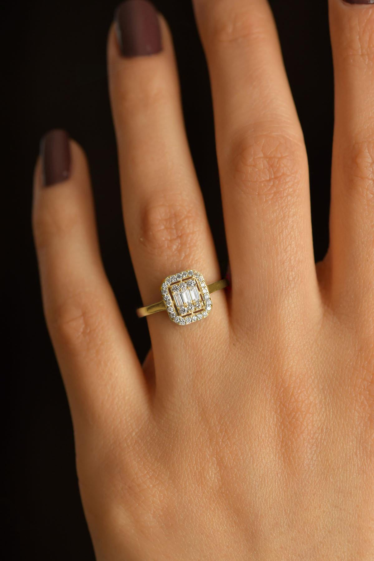 CZ Row Baguette Ring Gold Plated Silver