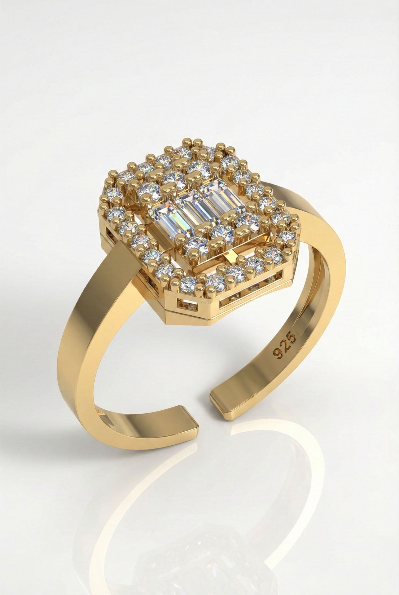 CZ Row Baguette Ring Gold Plated Silver