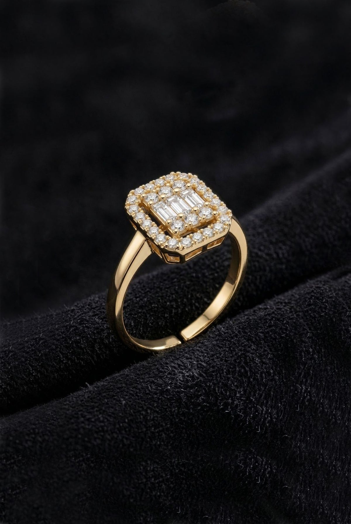 Gold 3-Row Baguette Zircon Adjustable Ring in 925 sterling silver