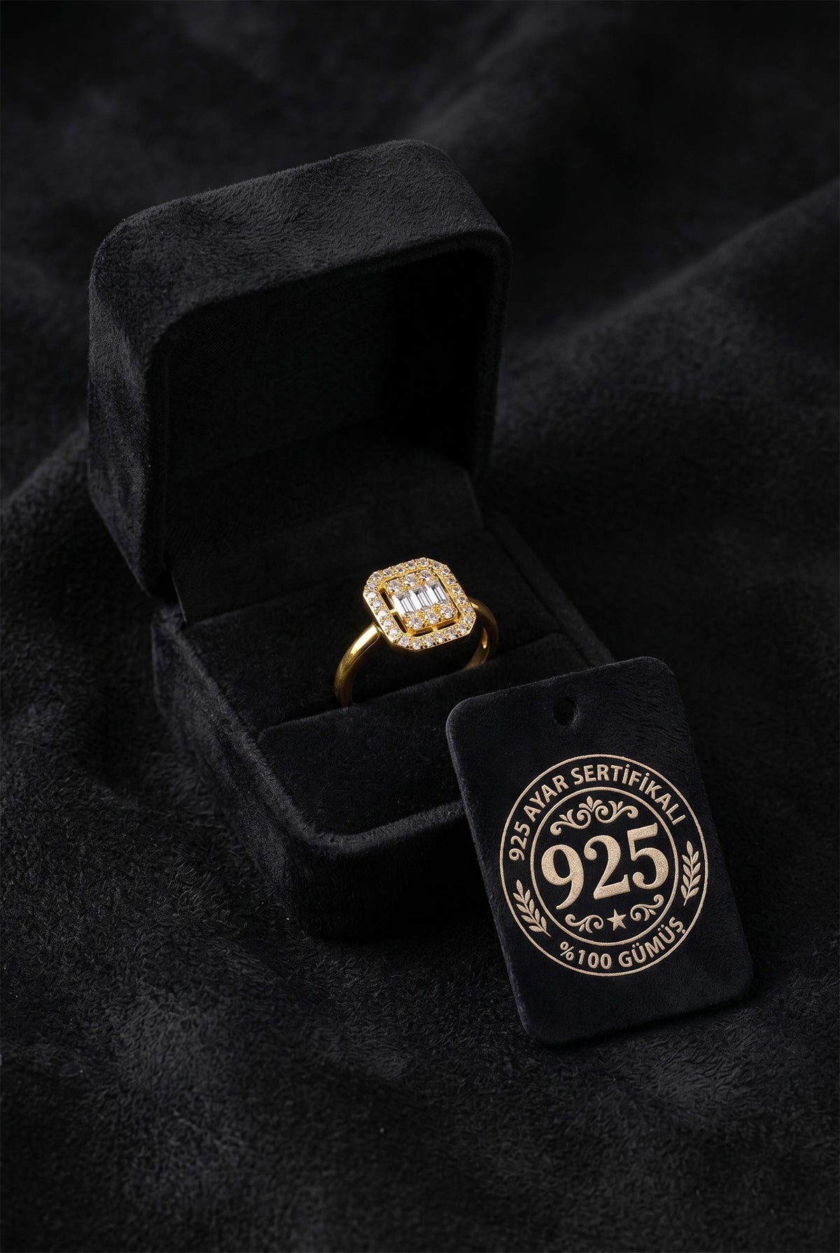 Gold 3-Row Baguette Zircon Adjustable Ring in 925 sterling silver - view 2