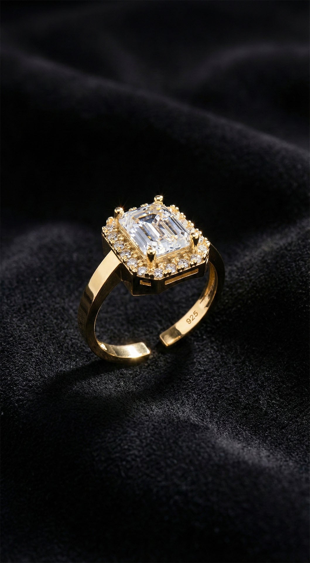 925 Sterling Silver Gold Plated Adjustable Baguette Zircon Ring