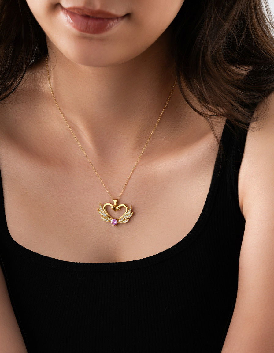 CZ Interlocking Swan Heart Motif Love Necklace Gold Plated Silver