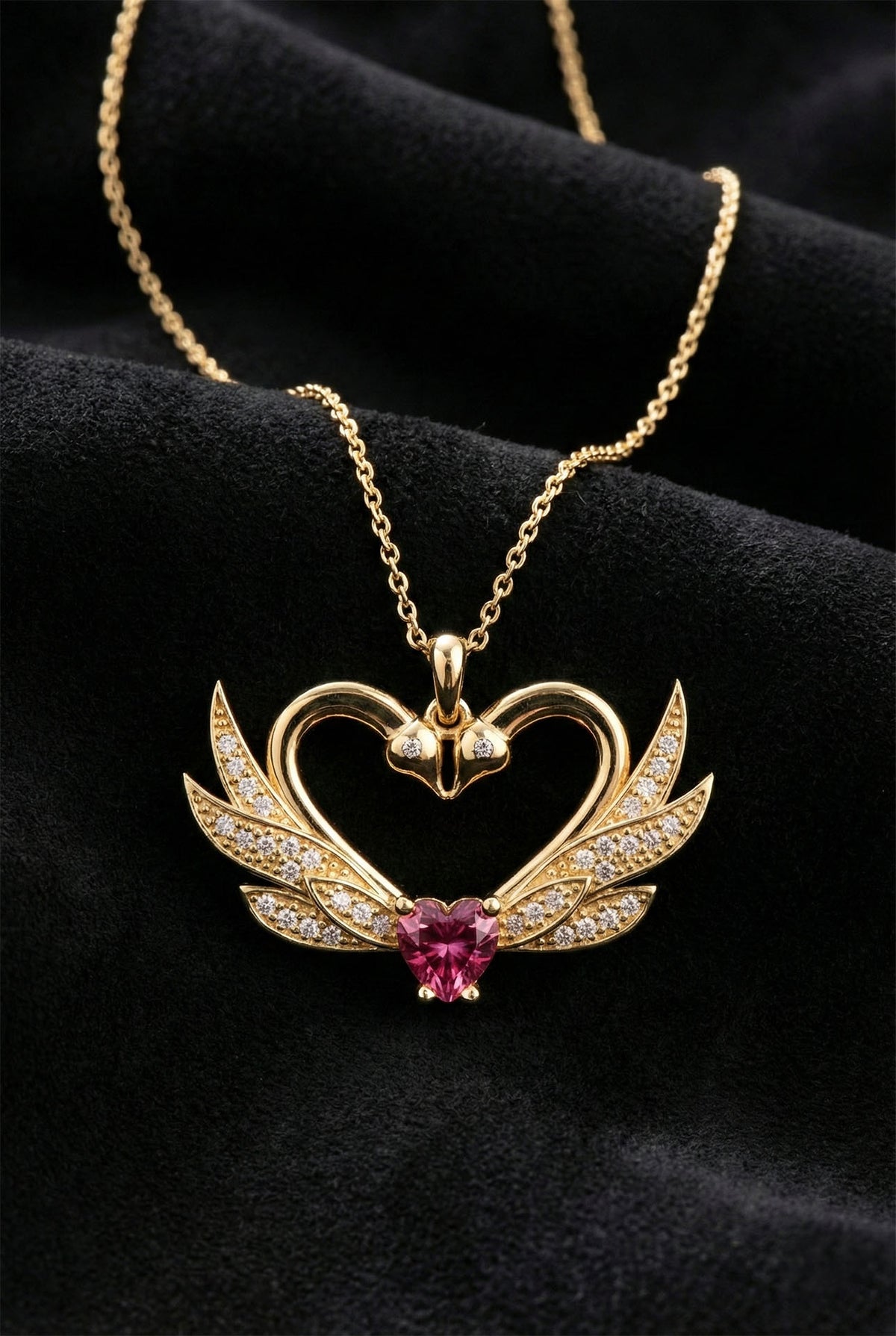 Gold Entwined Swans Heart Zircon Love Necklace in 925 sterling silver