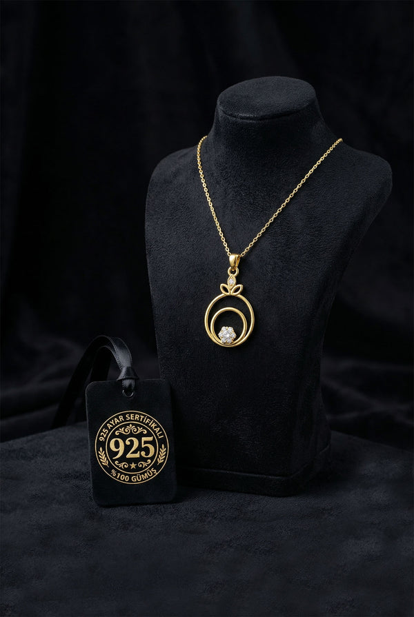925 Ayar Zirkon Taşlı Gold Çiçekli Halka Gümüş Kolye