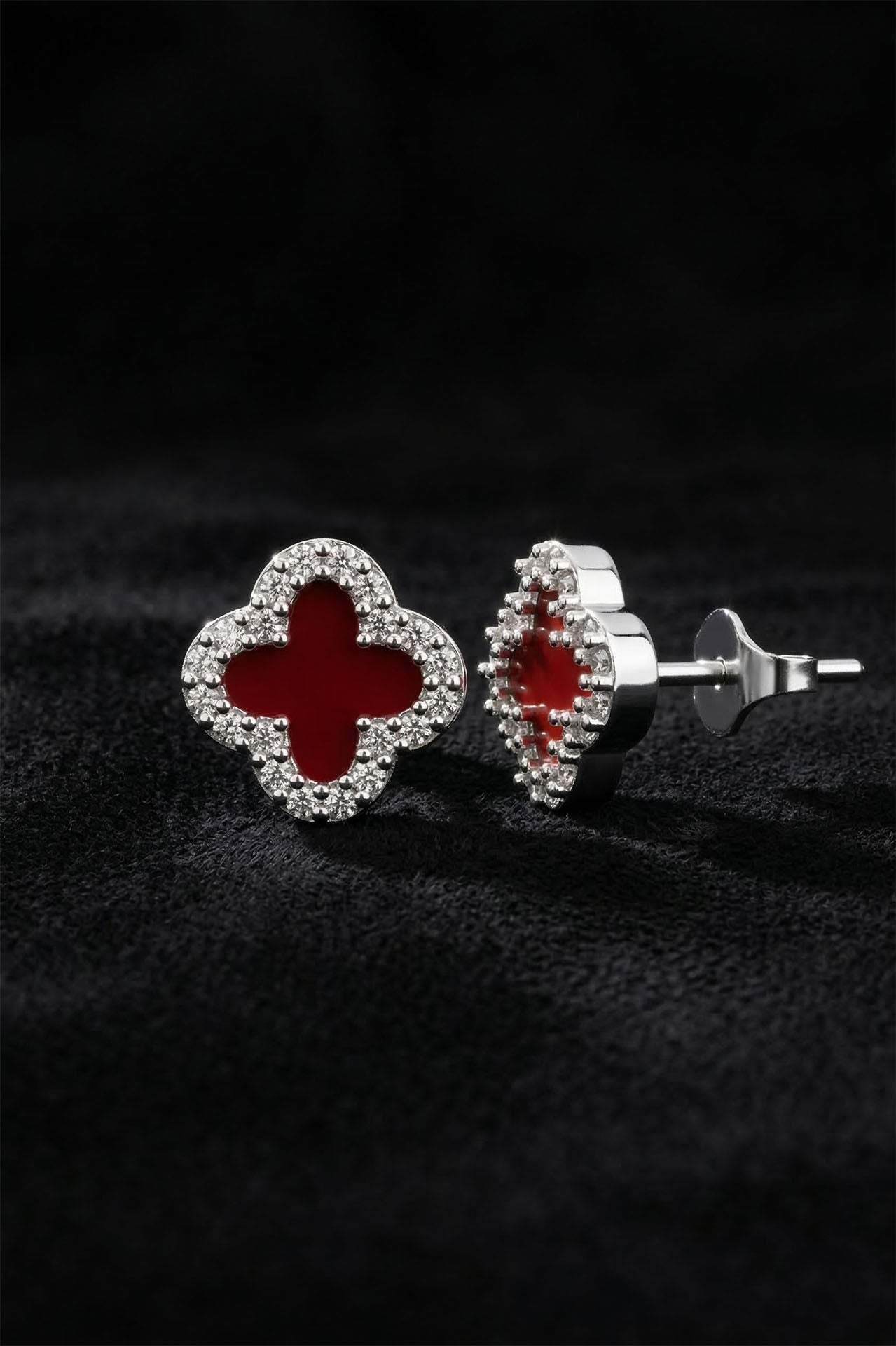 CZ Red Enamel Clover Motif Stud Earrings Silver