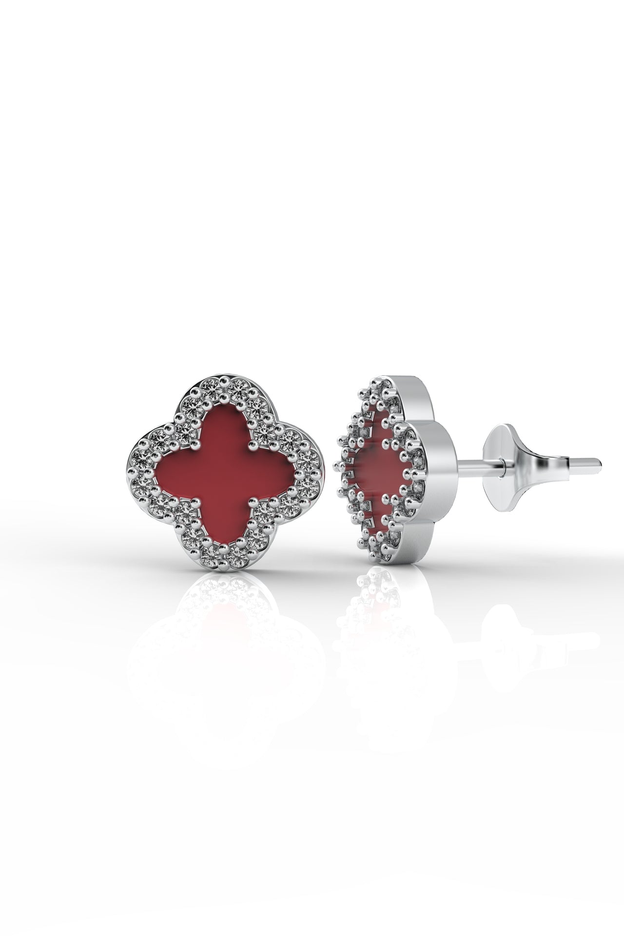 CZ Red Enamel Clover Motif Stud Earrings Silver