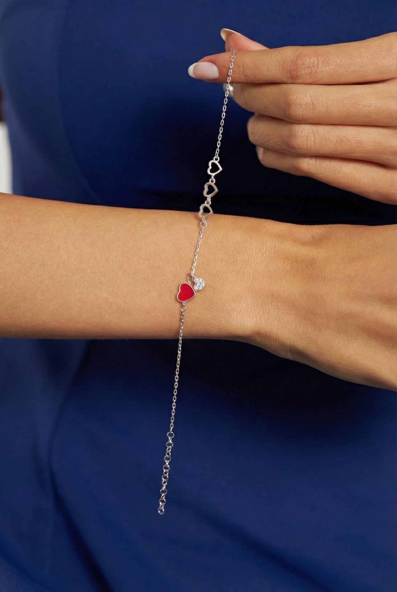 925 Sterling Silver Zircon Enamel Rhodium Heart Minimal Charm Bracelet