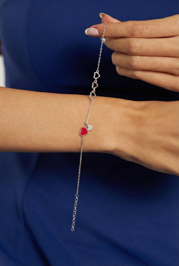 925 Sterling Silver Zircon Enamel Rhodium Heart Minimal Charm Bracelet