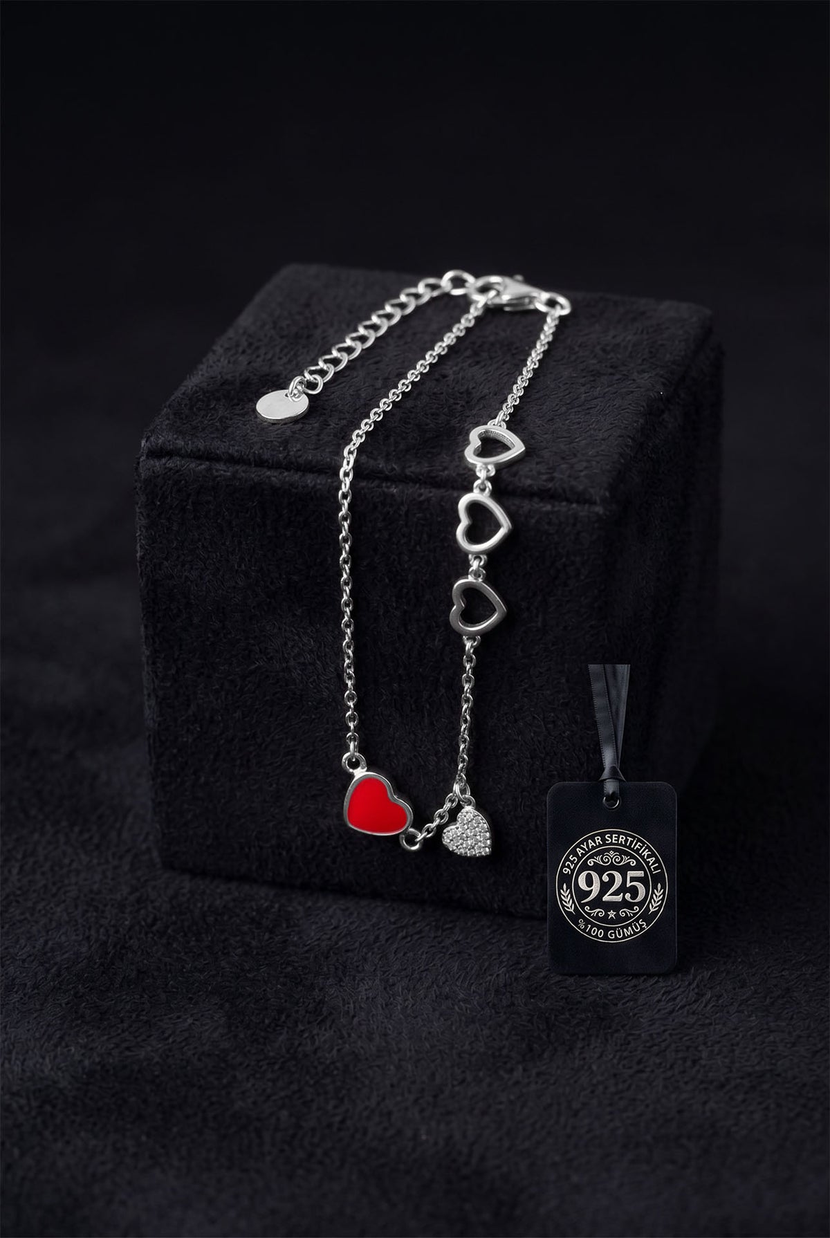 Red Enameled Heart Charm Zircon Bracelet in 925 sterling silver