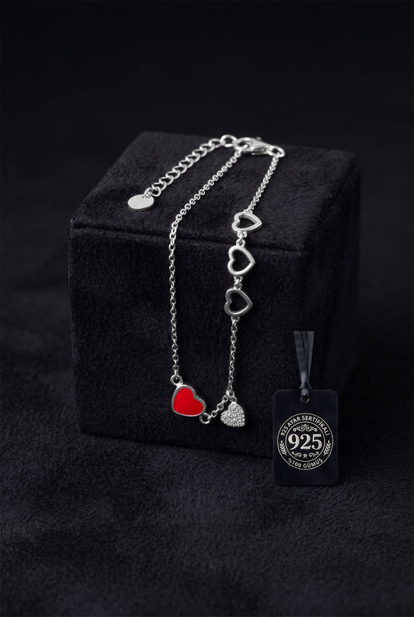 Bracelet à breloque cœur émaillé rouge en zircon | Argent 925