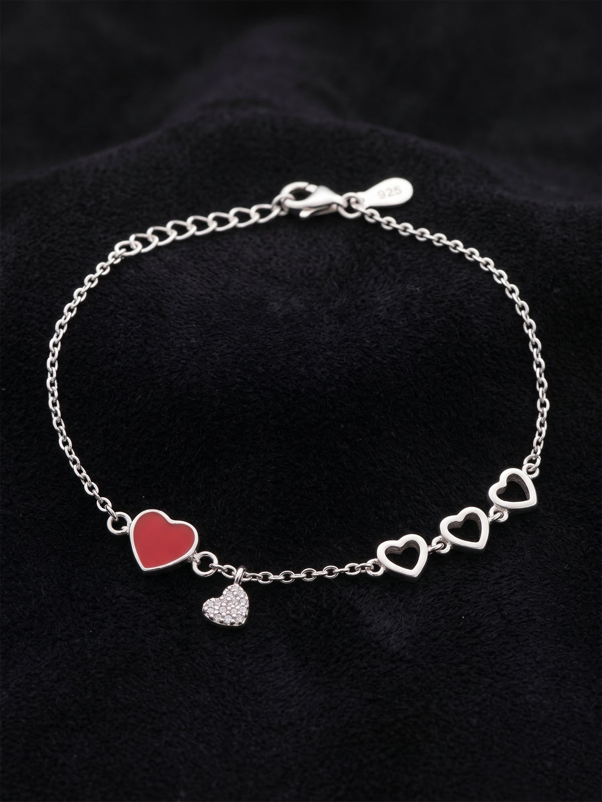 Bracelet à breloque cœur émaillé rouge en zircon | Argent 925