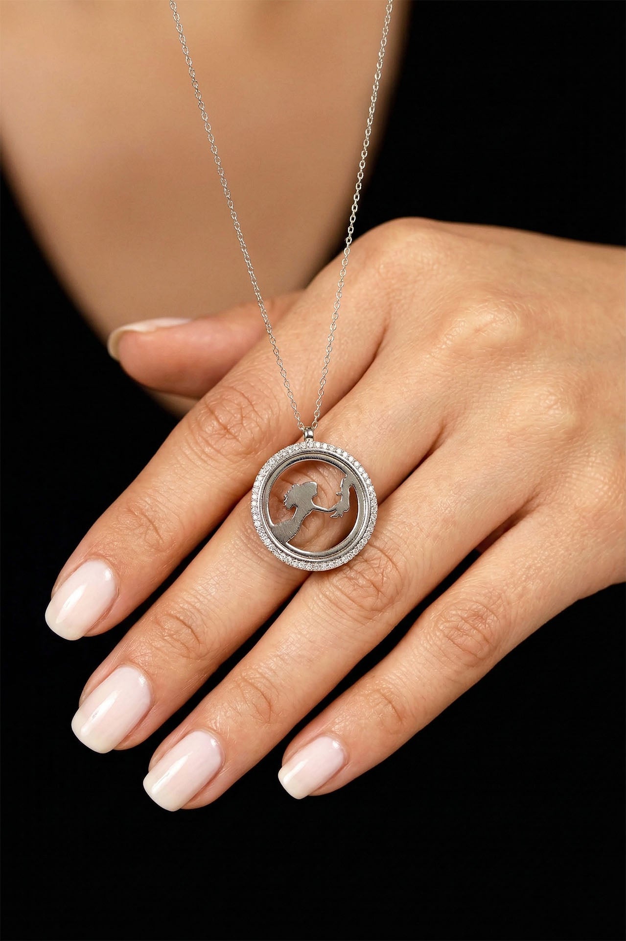 CZ Mom & Baby Necklace Rhodium Plated Silver
