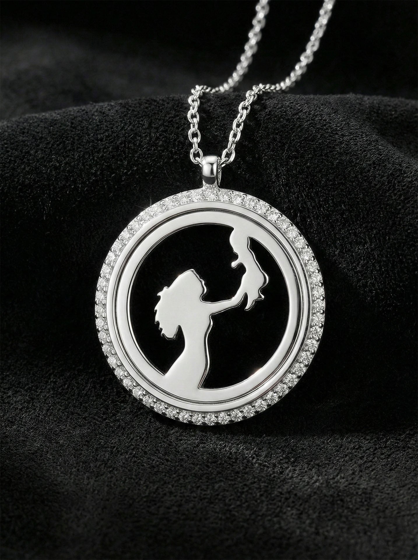 CZ Mom & Baby Necklace Rhodium Plated Silver